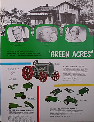 A page from the Ertl catalog showing Green Acres tractor toys.
