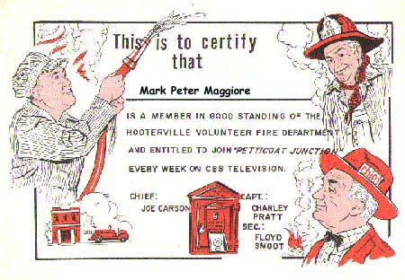 An honorary certificate to the Hooterville Volunteer Fire Department.