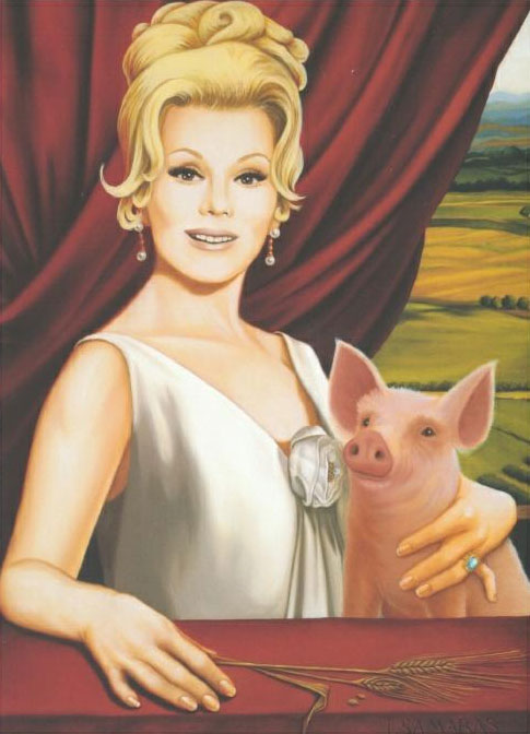 An oversize postcard of the painting `Home Sweet Home` by Pop Surrealist artist Isabel Samaras. It shows Eva Gabor (as Lisa Douglas) with Arnold Ziffel