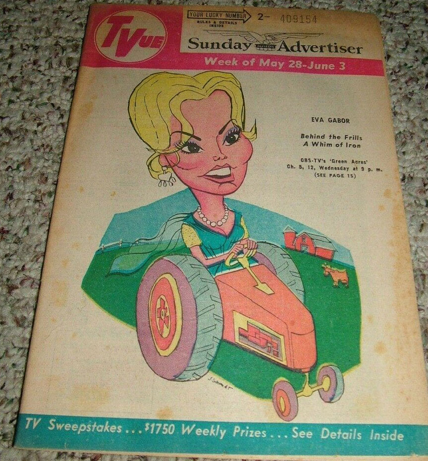 An Eva Gabor caricature on the cover of TVue Magazine.